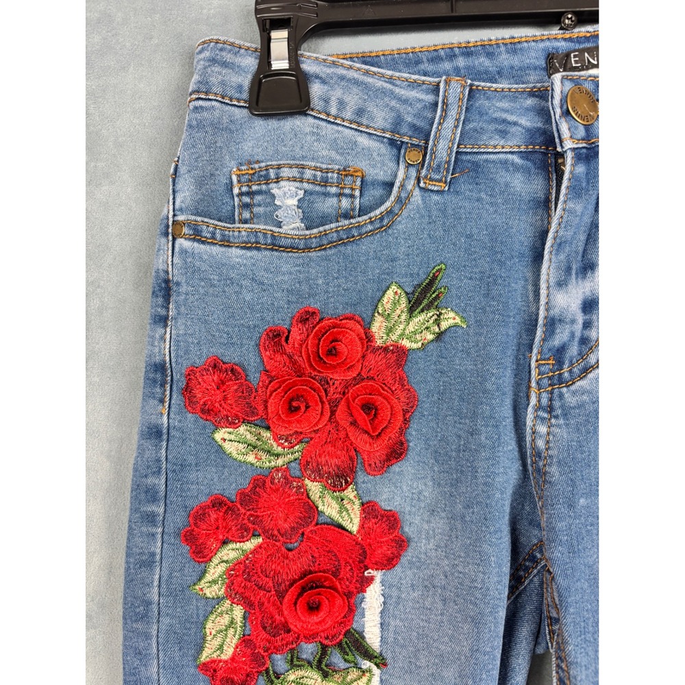 Venus Floral Embroidered Rose Skinny Jeans Medium Wash Raw Hem Size 4 - Picture 6 of 13